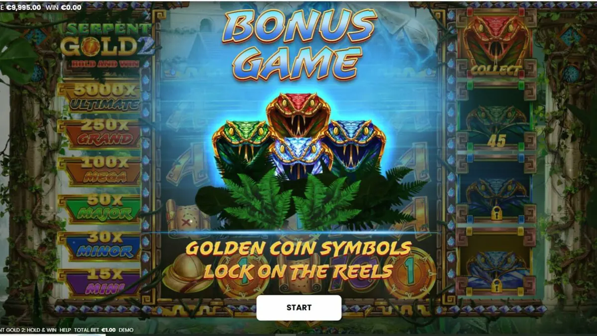 Serpent Gold 2: Hold and Win slot game interface featuring jungle ruins and golden snake symbols.